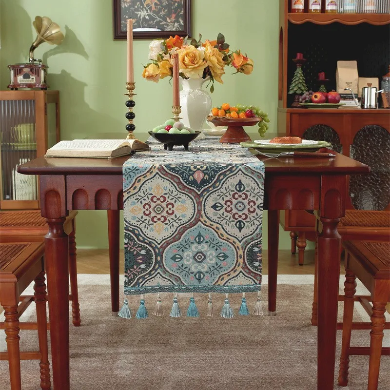 

American Retro Tassel Table Runner Ethnic Style Woven Jacquard Coffee Table TV Cabinet Cover Ins Bedside Runner