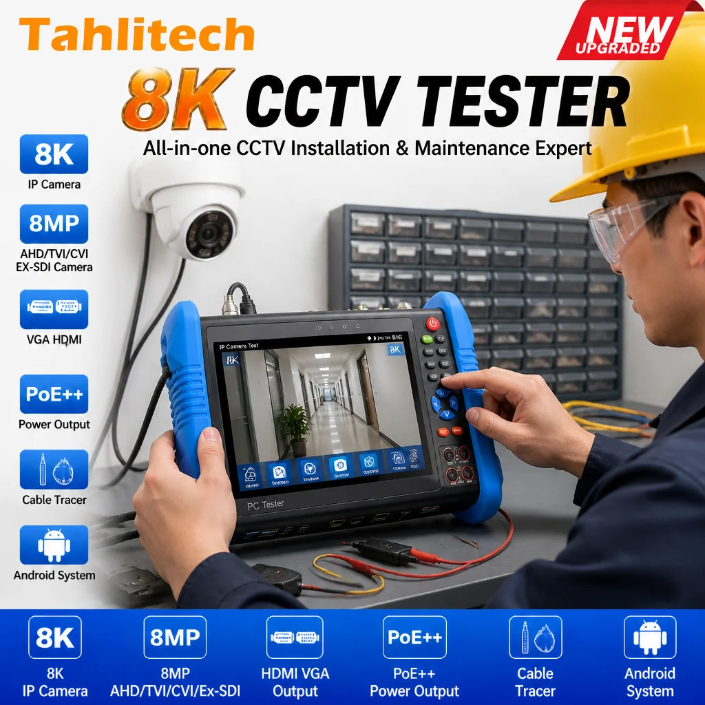 7-Inch CCTV Camera Tester Monitor 8K IPC Test 55V PoE++ 90W Power Output HDMI IN OUT VGA SFP Fiber Port for CCTV Installation
