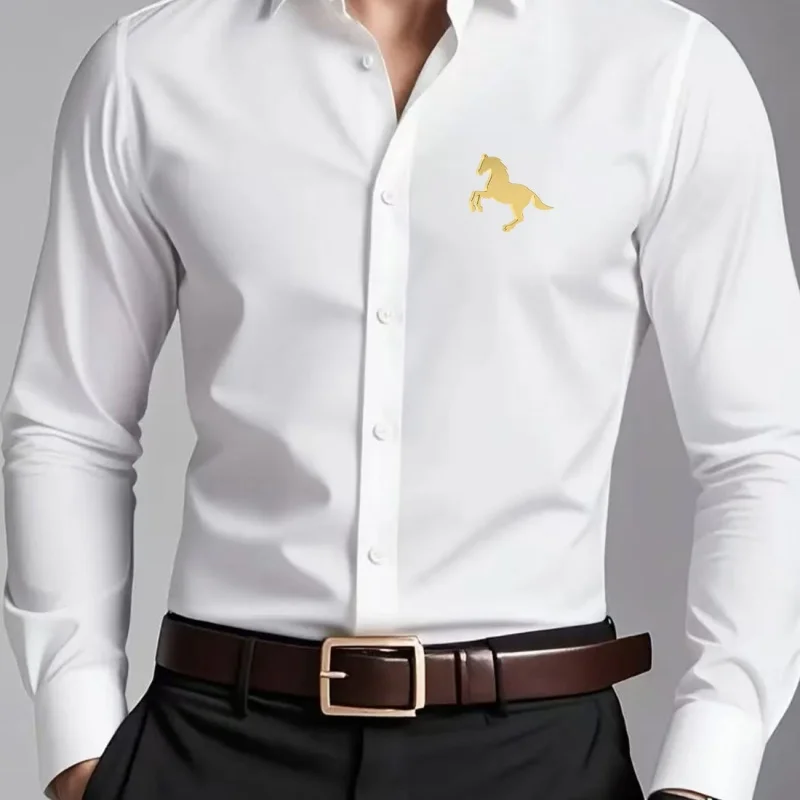 Elegant Golden Horse Logo Print Men Shirts Slim Fit Long Sleeve Casual Formal Office Wear Blouse