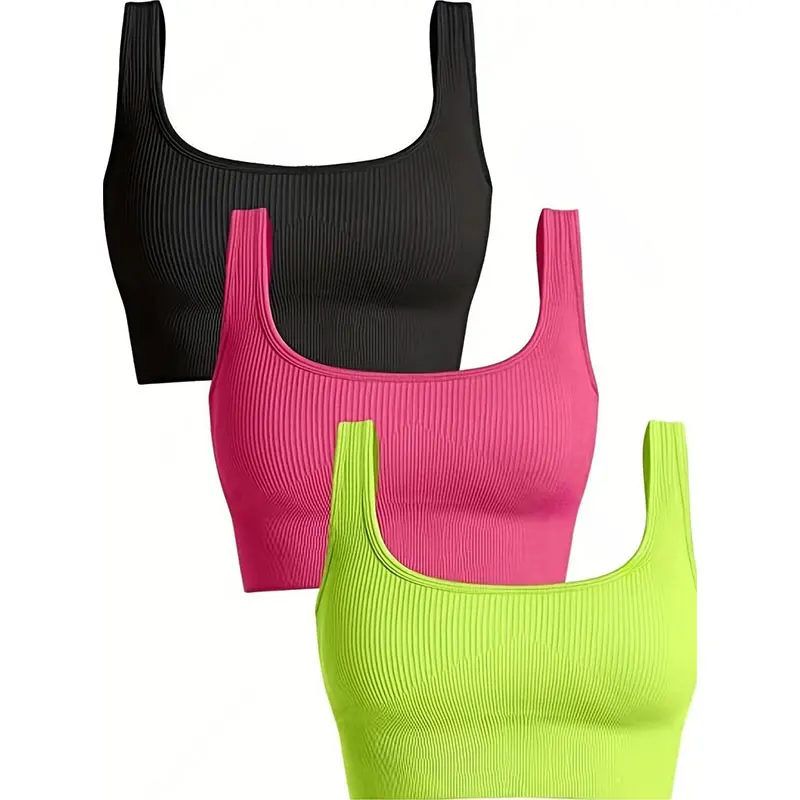 Yoga Basic Seamless Breathable 3pcs Ribbed Knit Solid Sports Bra