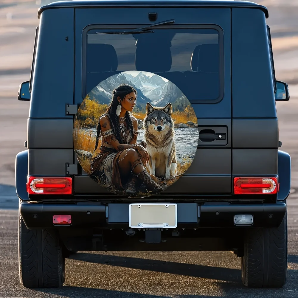 1pc Rain-Resistant Tire Covers Featuring Vintage Local American Designs And Wolves, Made From 100% Polyester, Suitable For Use D