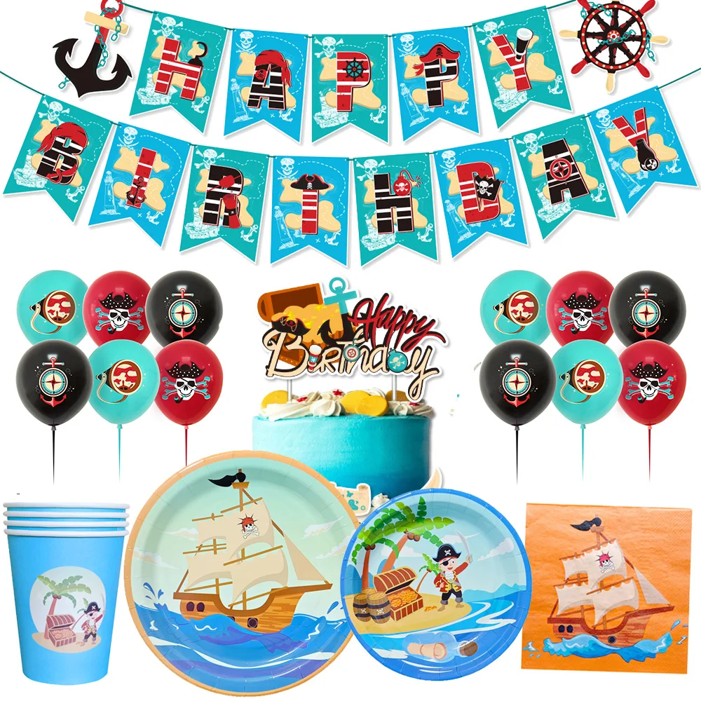 Pirate Party Decorations Dinner Plates Dessert Plates Cups Napkins Pirate Birthday Party Supplies for Kids Boys and Girls Party