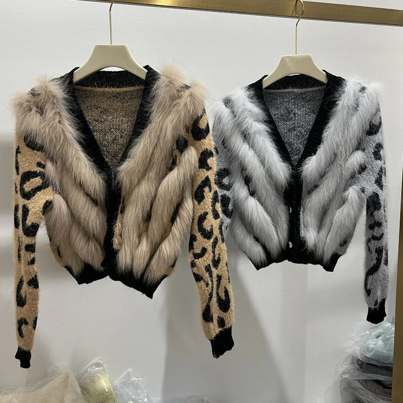 2025 المرأة ليوبارد نمط الطبيعية الثعلب الفراء خارج الديكور الفتاة الخريف سترة محبوك معطف طويل الأكمام
