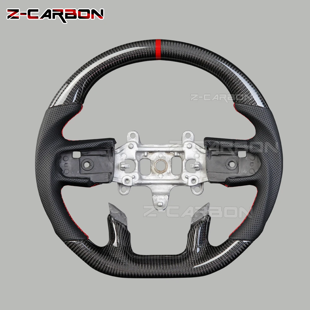 

Рулевое колесо из настоящего углеродного волокна с подогревом для Dodge RAM 1500 2500 3500 2019-2024, автомобильное рулевое колесо без отверстий для весла, красная полоса