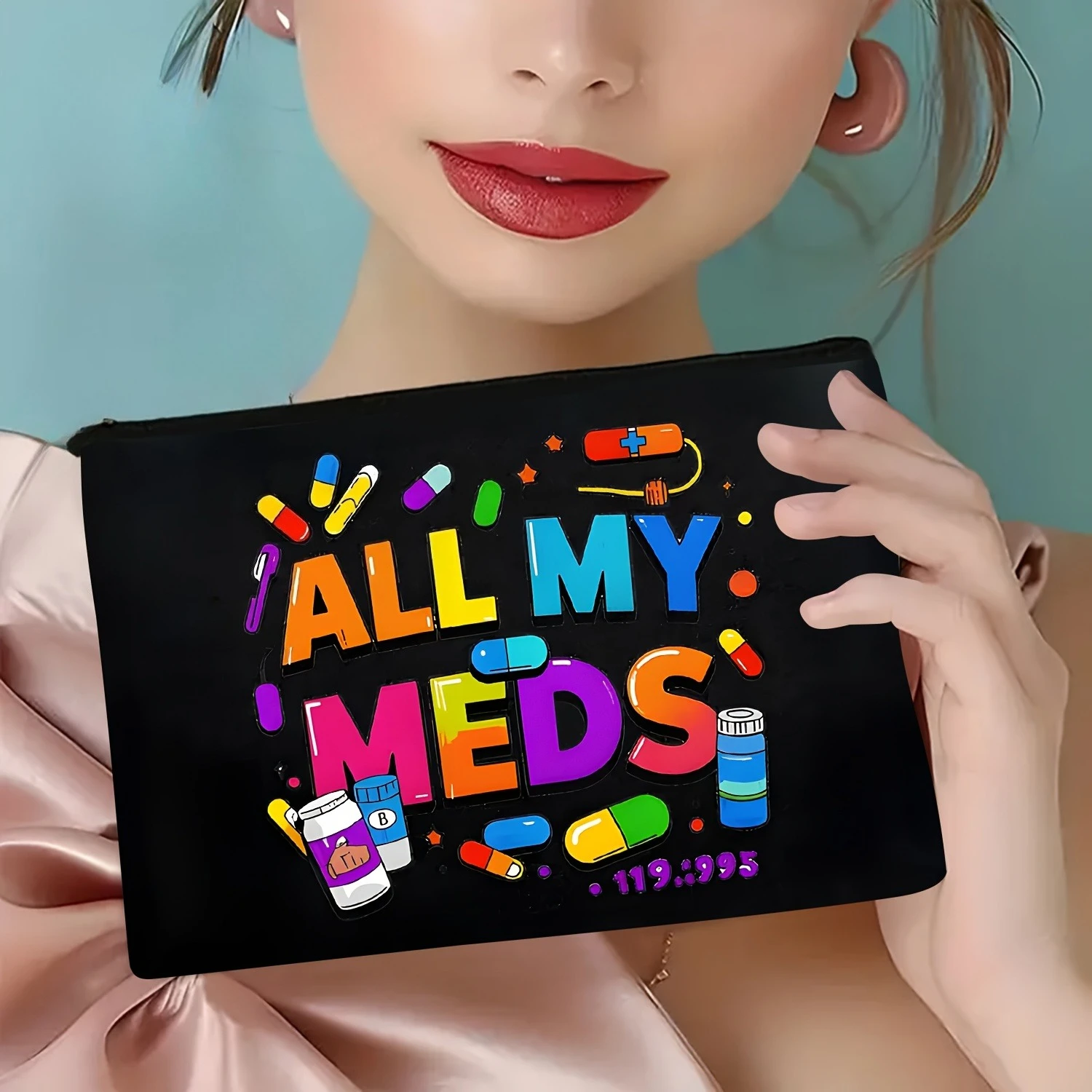 ALL MY MEDS Desain Kantong Organizer Kosmetik & Camilan Multifungsi untuk Perjalanan - Penutup Ritsleting Poliester yang Tahan Lama, Penyimpanan Ringkas