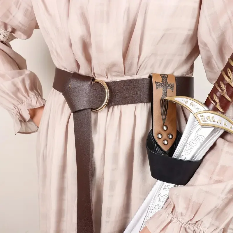 Medieval Viking Leather Belt with Sword Patterned Scabbard Renaissance Costume Accessories for Cosplay