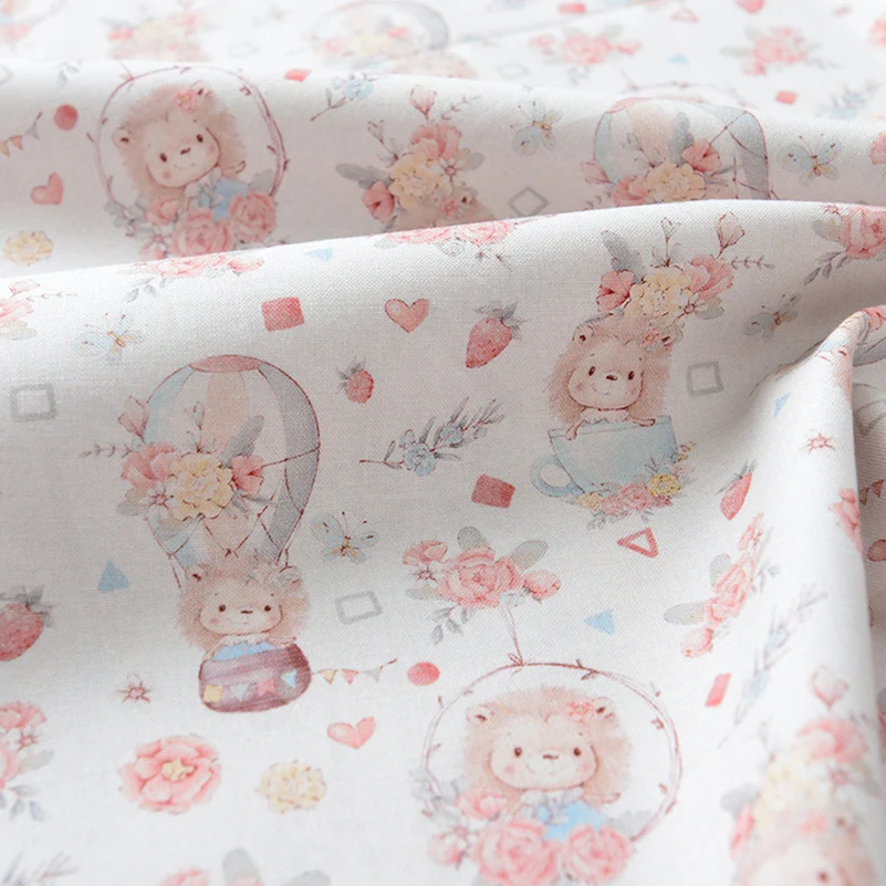 100%Cotton Pastoral Flowers Hot Air Balloon Lion Owl Digital Printing for Sewing DIY Handmade Muslin by Half Meter