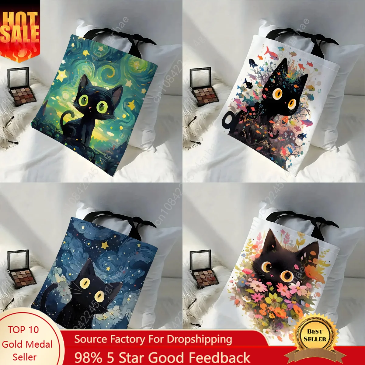 

30x35cm Van Gogh Black Cat Tote Bag Flower Portable Casual Eco Handbag Shopping Bag Design Books And Everyday Use School Handbag