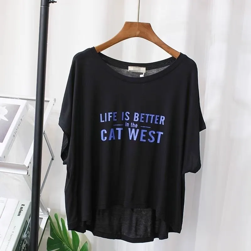 DAYIFUN Cool Fabric Girls' T-shirt Summer Letter-printed Round Neck Short-sleeved Female's Tshirts Loose Casual Versatile Tees