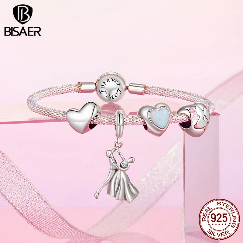 BISAER 925 Sterling Silver Tree of Life Heart Charm Bead Hollowed Church Dancing Pendant Fit Women DIY Bracelet Fine Jewelry