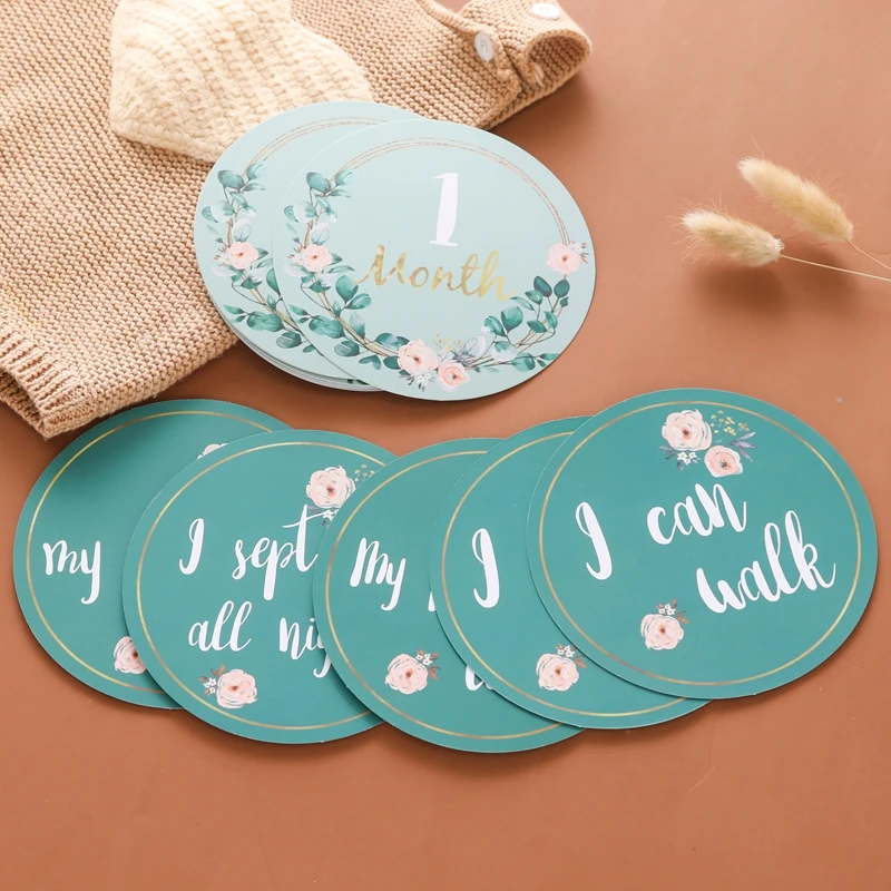 

17pcs Baby Milestone Memorial Cards Paper 0-12 Monthly Newborn Leaf Floral Engraved Age Card Photography Accessories Baby Gift