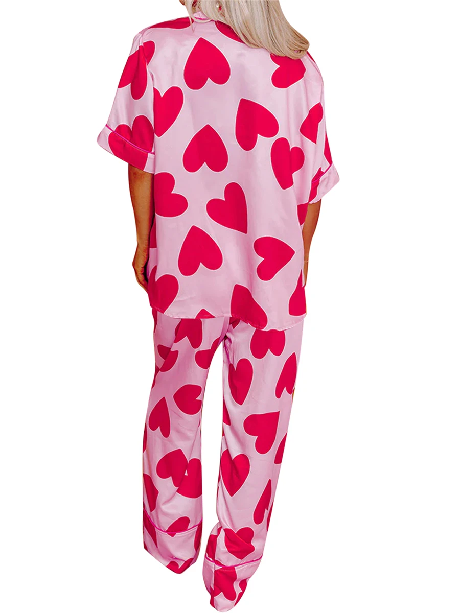 Dames Pyjama Set Hartenprint Korte Mouw Met Knoopsluiting Top Met Broek Nachtkleding Loungewear