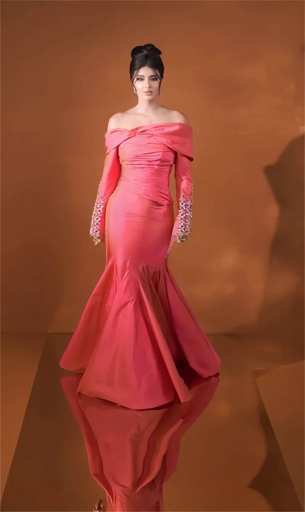 Customized Formal Gown Saudi Arabia Evening Prom Dearin Off-the-shoulder Trumpet Floor Length Skirts Open Back Fol