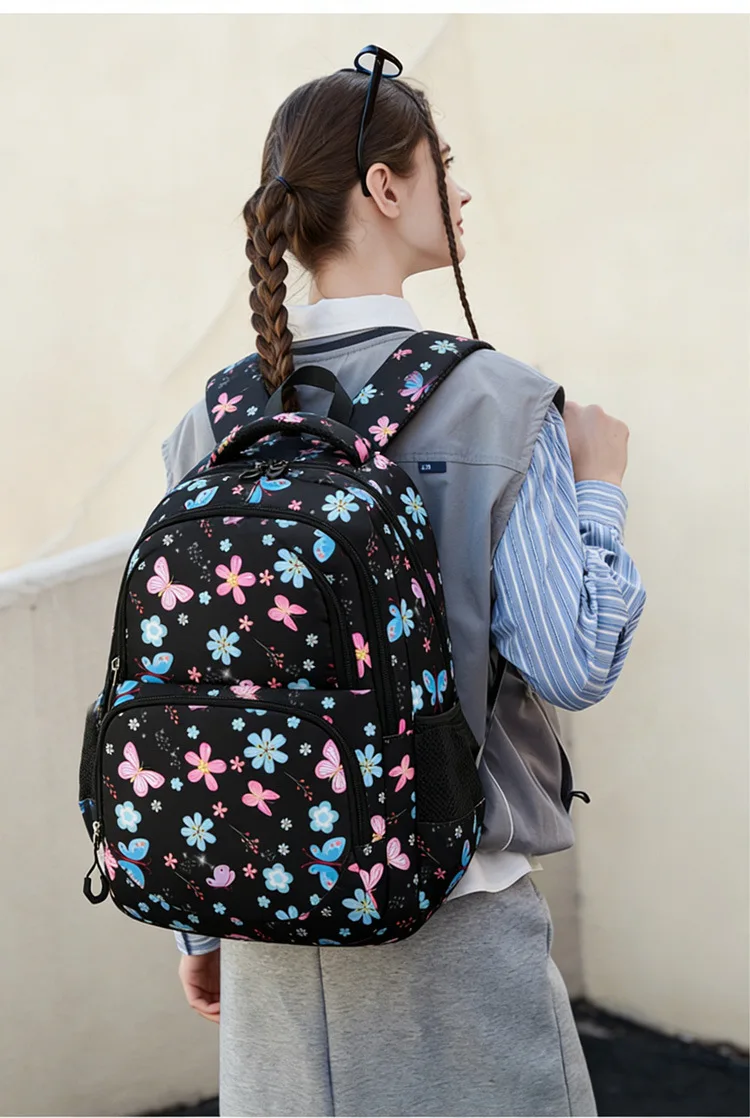 3pcs/set Flower Butterfly Prints School Backpack for Girls Bookbag set Elementary Middle School Student Backpack with Lunch Box