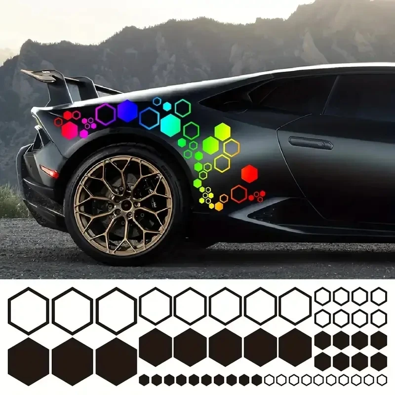 

52pcs Size Combination Hexagonal Body Stickers Hexagonal Side Door Stickers With Honeycomb Pull Flower Side Skirt Stickers