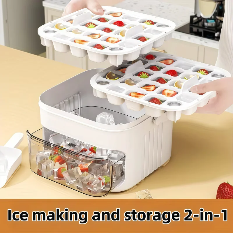 Premium Heavy Duty Durable Leakproof Easy Release Plastic Ice Cube Mold Tray with Press for Big Capacity Ice Bucket Storage Box view 4