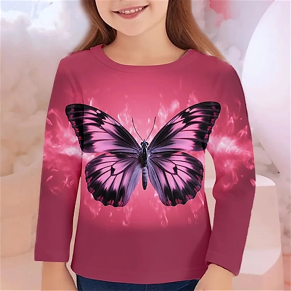 Children's Clothing Girl Clothes Long Sleeve 3D Butterfly Print Kids Spring Fall Clothes Casual Kawaii O-Neck Girl T-Shirt Tops