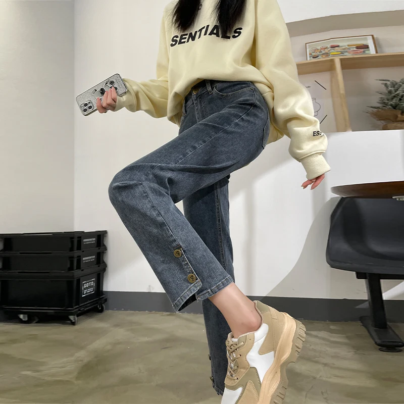 Fashion Women Jeans Irregular Split High Waist Straight Cropped Denim Pants 2023 Spring Autumn New Slim Fit Pants