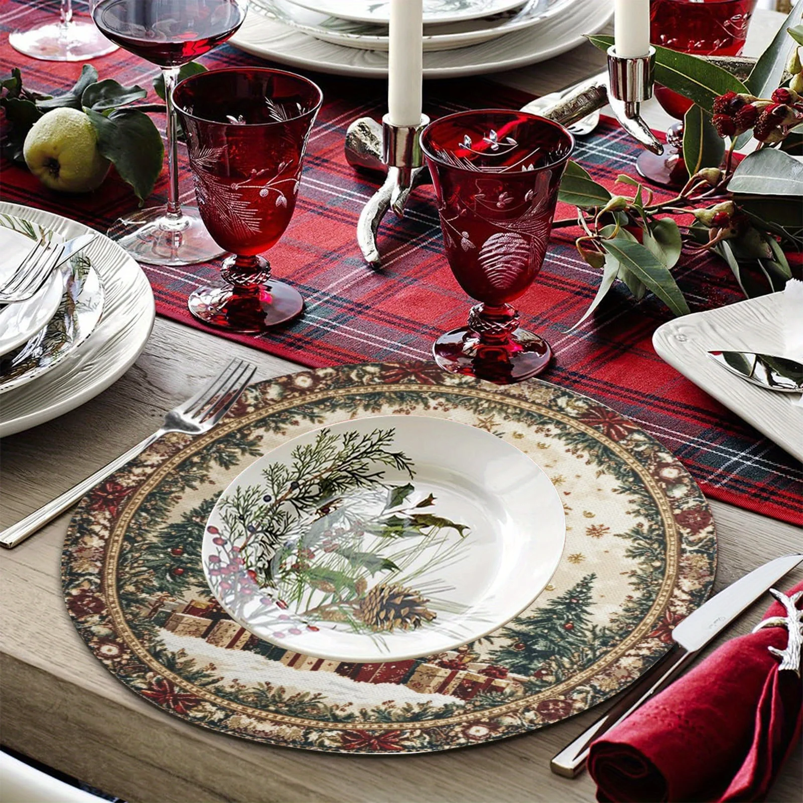VIKAMA 4-częściowy zestaw okrągłych podkładek na stół z motywem świątecznym, dekoracje świąteczne na stół, akcesoria do dekoracji stołu na przyjęcia rodzinne i imprezy.