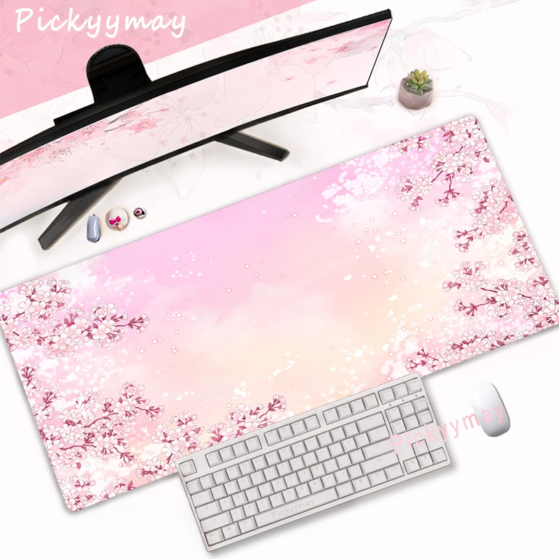 Rosa flores de cerejeira mousepad mesa do computador em casa grande pc mouse pad arte sakura teclado mause tapete acessórios de escritório