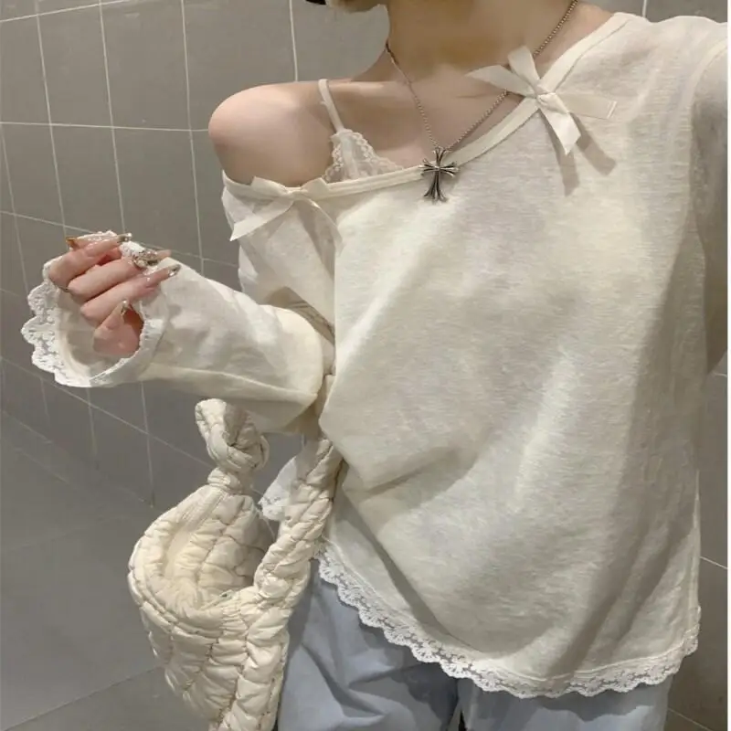 

Женская блузка с воротником-стойкой, бантом, кружевными вставками, длинным рукавом, защитой от солнца, свободного кроя, новый стиль 2025, корейский дизайн
