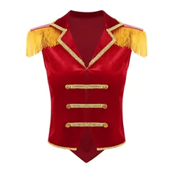 Womens Circus Ringmaster bavero nappe velluto gilet leone Tamer Costume Cosplay vittoriano Steampunk orlo irregolare bottone gilet