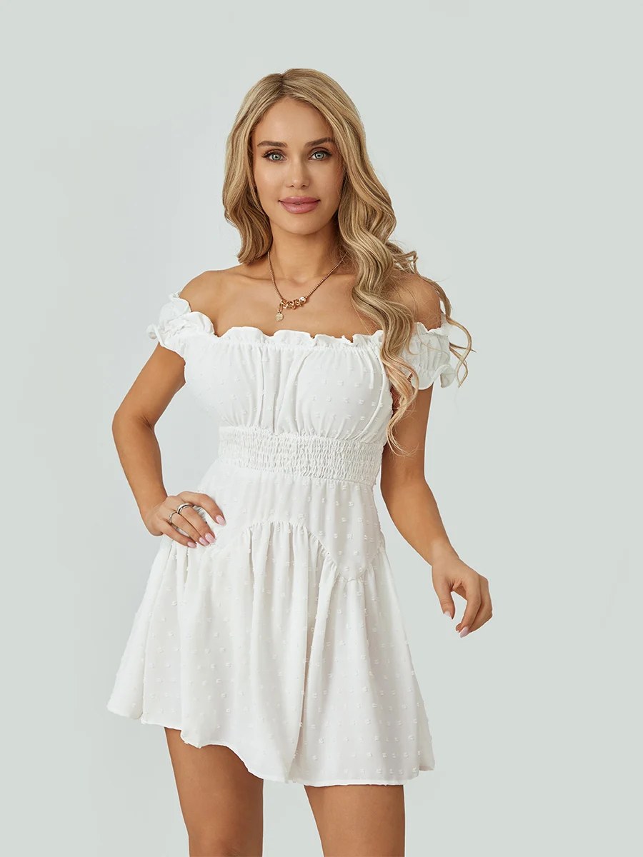 Women Summer Short Dress Solid Color Ruched Bust Boat Neck Off Shoulder Puff Sleeve A-Line  for Ladies