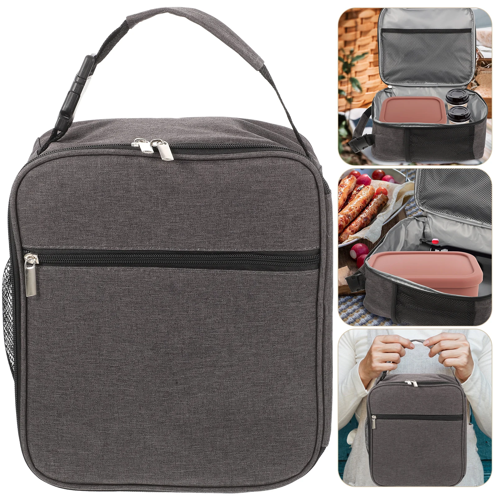 

Portable Insulated Lunch Bag for Men Dark Grey Reusable Thermal Picnic Bag Sturdy Zipper Large Capacity Food Container Easy