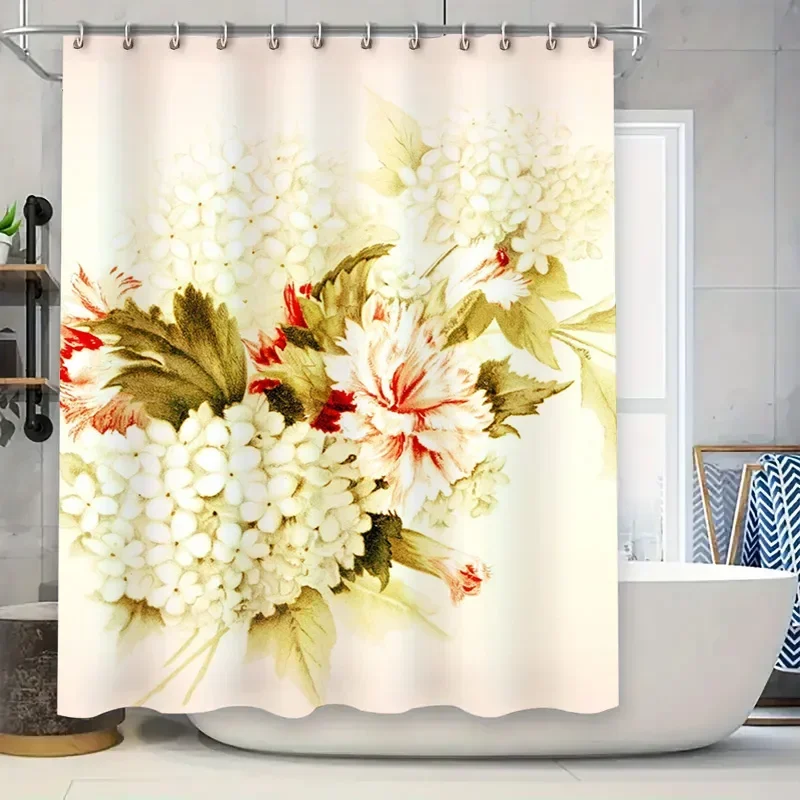 Bathroom shower curtain with floral design hydrangeas in cream, red, green colors for home decor water-resistant fabric AliExpre