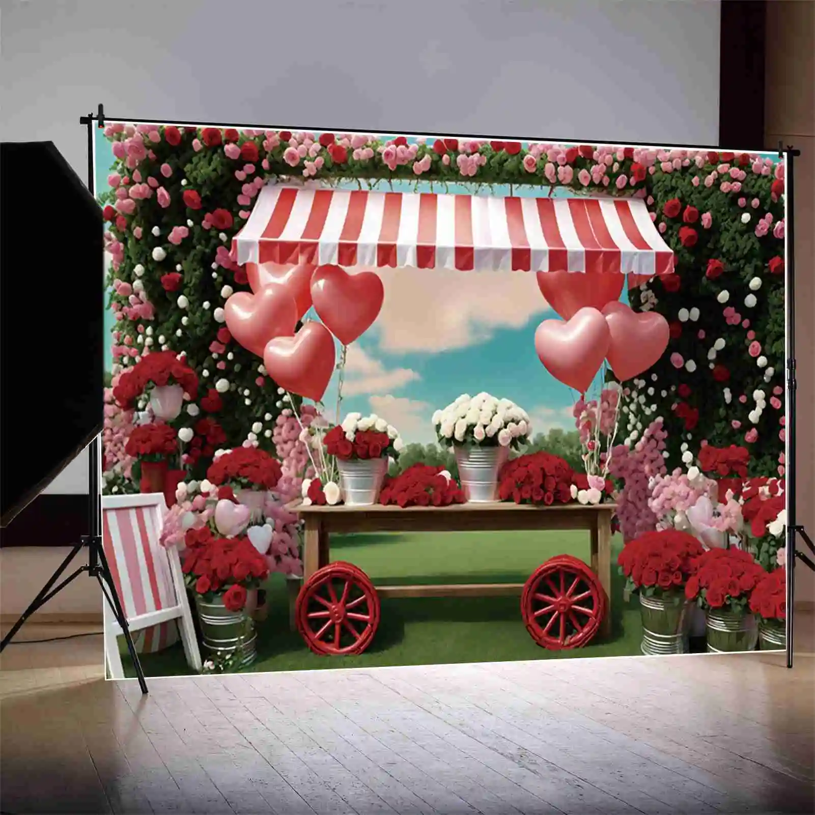 MOON.QG Valentine's Day 2025 Photography Backdrop Circus Red Tent Cart Photozone Background Adult Photo Studio Photobooth Props