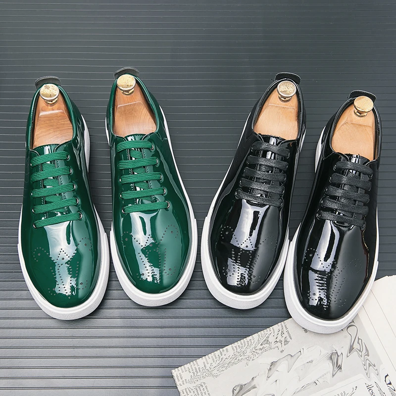 New High Quality Patent Leather Casual Shoes Men\'s Lace-Up Sneakers Green Carved Sole Designer Leather Shoe hombres zapatos  A15