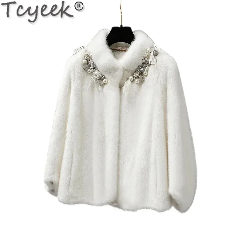 Tcyeek, abrigo entero de piel de visón auténtica, ropa de invierno para mujer, chaquetas de piel con cuello levantado para mujer, abrigos de piel auténtica de estilo corto para mujer