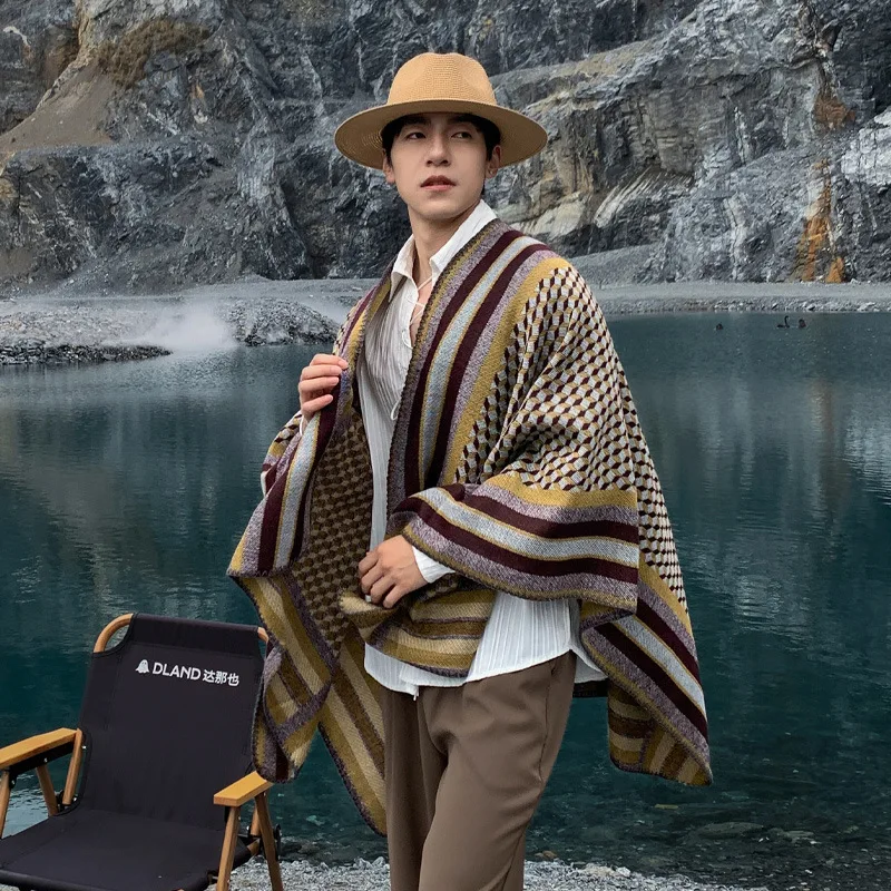 Men's Cloak Ethnic Retro Desert Travel Wrap Fashion Outerwear Scarf Warm and Comfortable Poncho Breathable Hooded Cape