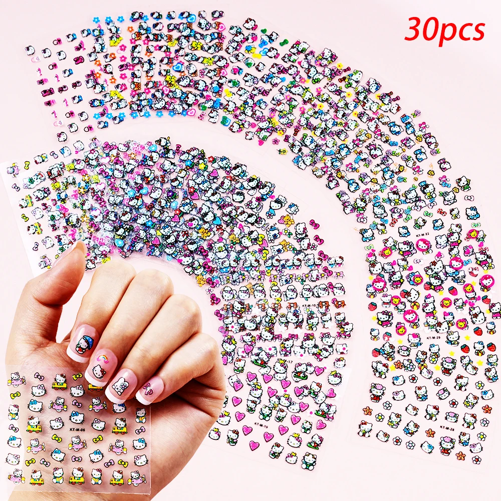 30Pcs/set Hello Kitty Nail Art Stickers Kawaii Cute Kitty Cat Nail Decal 5.5*6cm*30pcs Kawaii Sanrio Kitty Manicure Slider