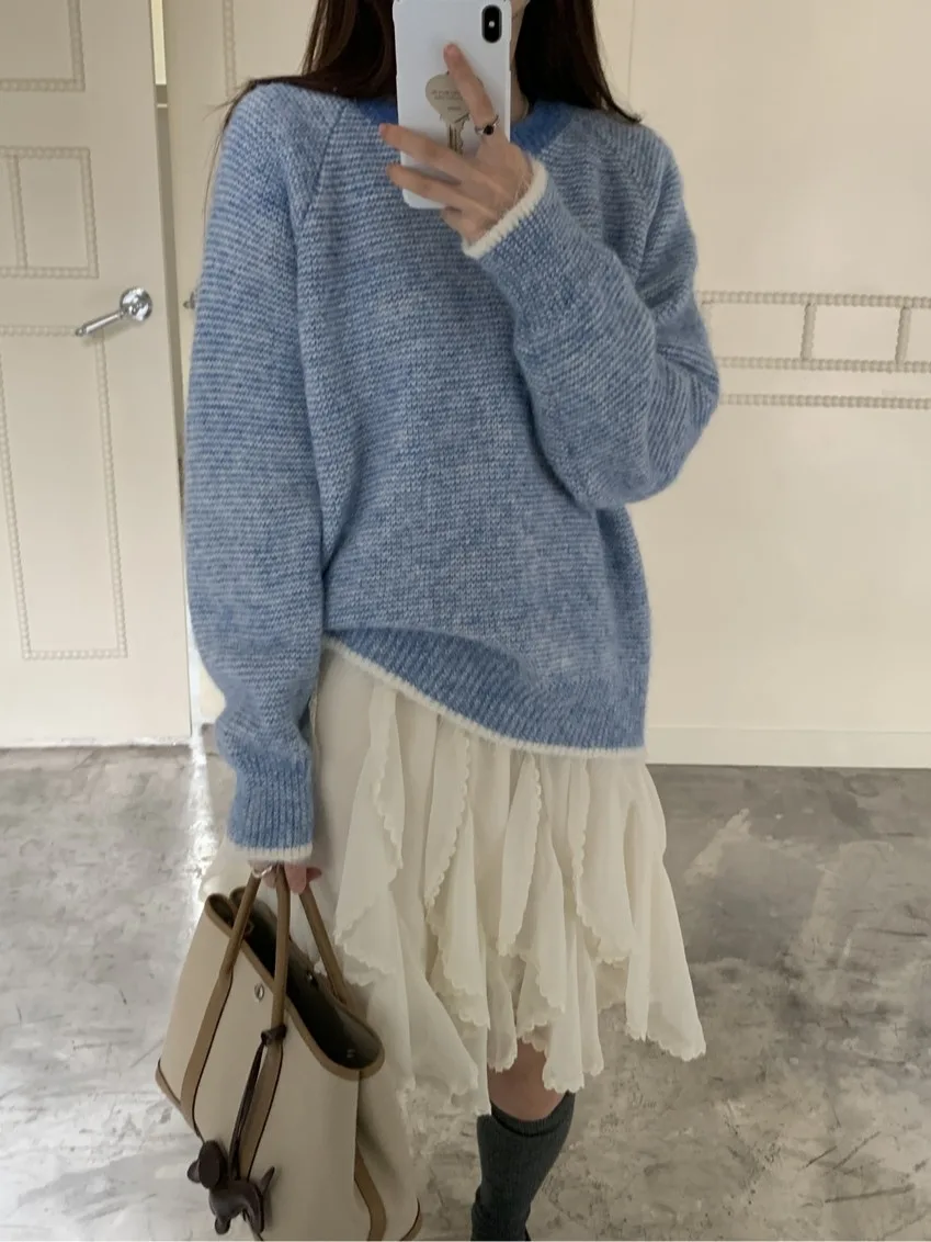 เสื้อสเวตเตอร์ไหมพรมถักลายทางสีตัดกัน สไตล์ลำลอง นุ่ม สบาย ทรงหลวม ยาว สำหรับผู้หญิง รุ่น Winter Thiened