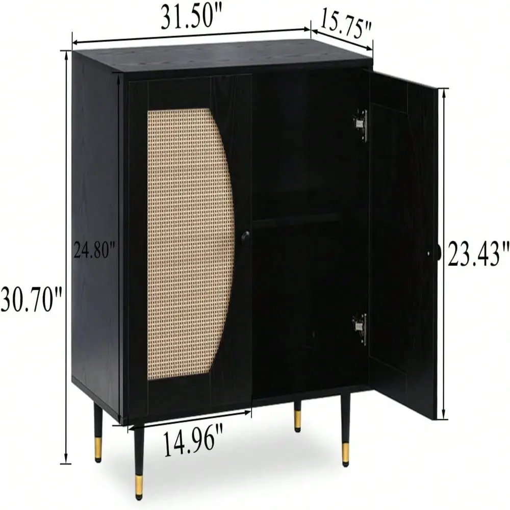 Rattan Sideboard With Natural Rattan Doors, Buffet Sideboard Cabinet, Black Rattan Console Table With Storage, Modern Accent Bu