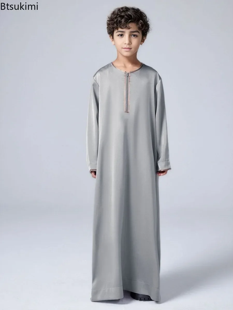 2025 Muslim Fashion Abaya for Kids Solid Color Satin Long Sleeve Robes Middle East Arab Islamic Clothing Boys Simple Thobe Dress