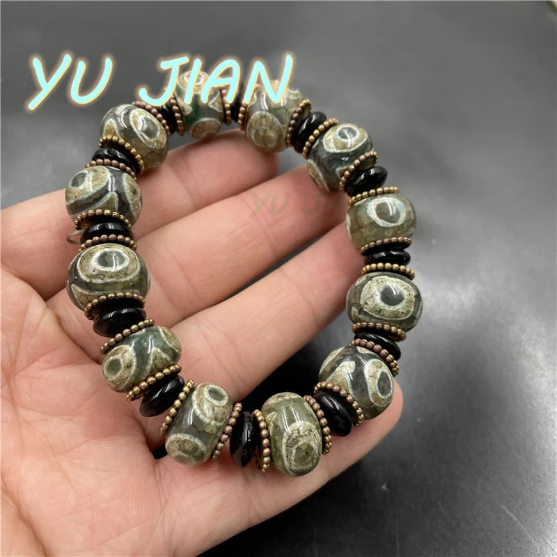 Natural Vintage Green Three-eyed Dzi Agate Abacus Bead Bracelet Old-Agate Jade Hand-string Bangles Handring Jewellry