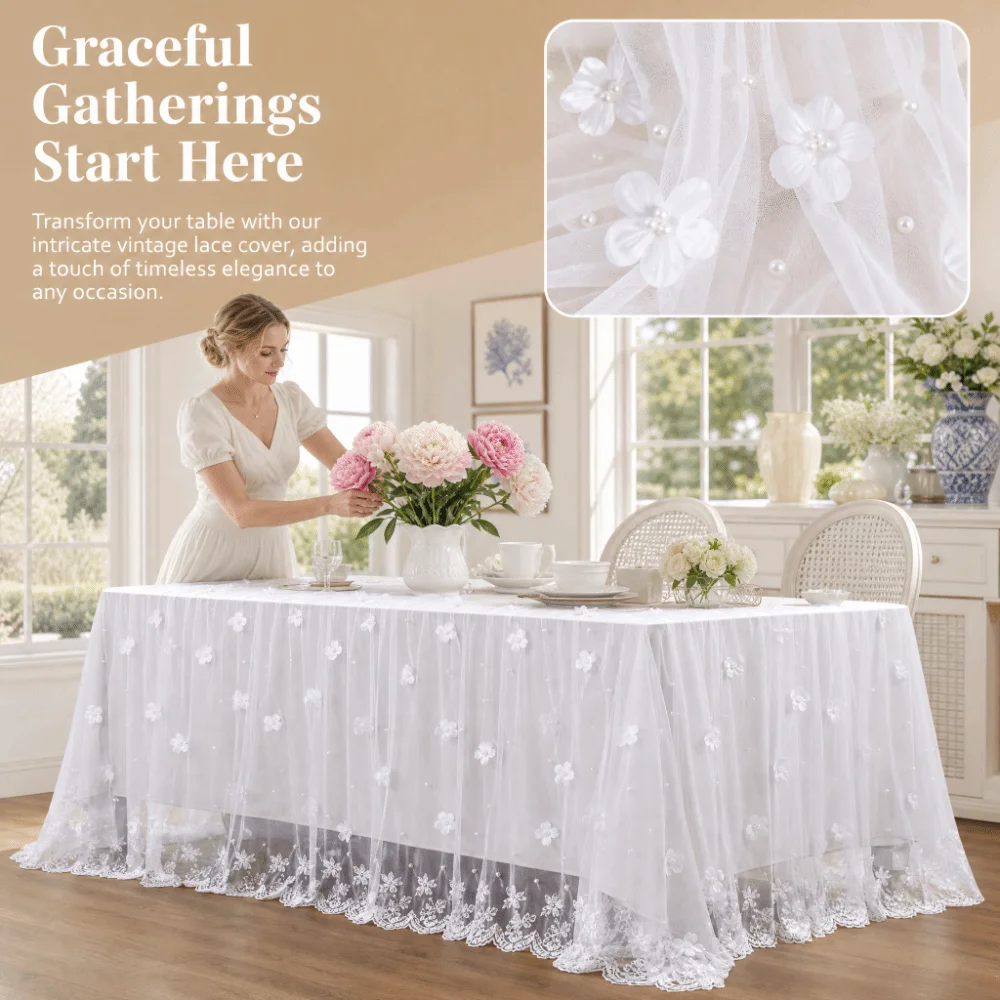 Hollow-out Pearl Tulle Table Runner 200x80cm DIY Tulle Gauze Table Cloth Semi Transparent Floral Pearl Tulle Fabric‌ Table Cover