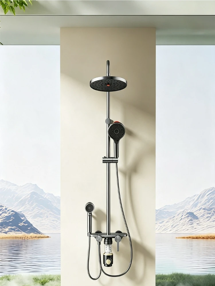 Graues Duschsystem-Set mit Filter, 4-Wege-Regendusche, Badezimmer-Duscharmatur-Set, Aluminium-Duschmischer mit Handbrause-Set