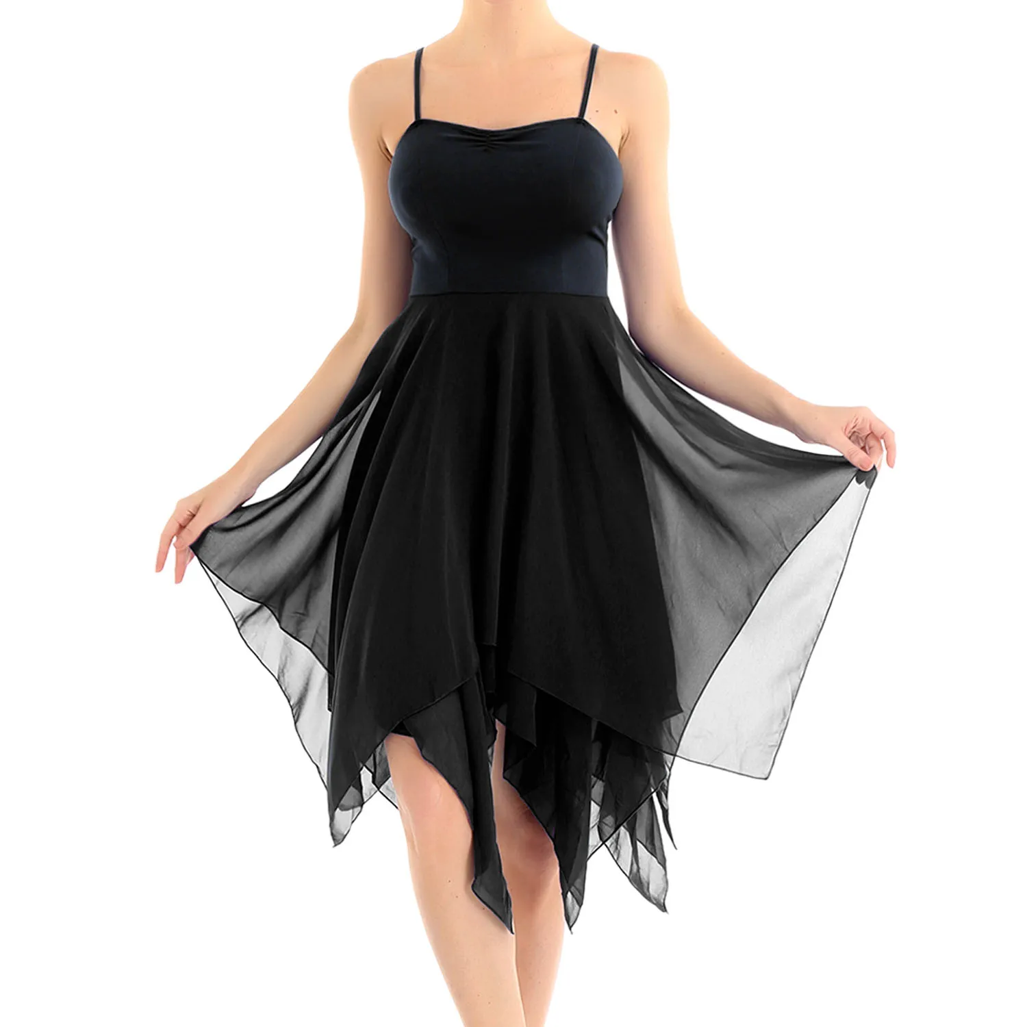 

Womens Lyrical Dance Performance Dress Spaghetti Straps Asymmetrical Sleeveless Ballet Latin Rumba Tango Ballroom Dancewear