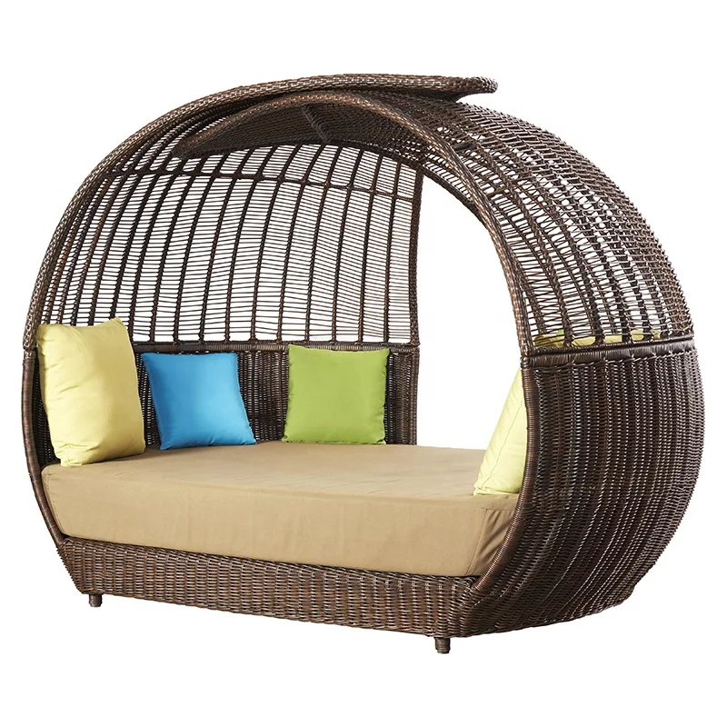 Luxury Brown Poolside Wicker  Sunbed Furniture Outdoor Beach Aluminum Rattan Round Chaise Lounge bed