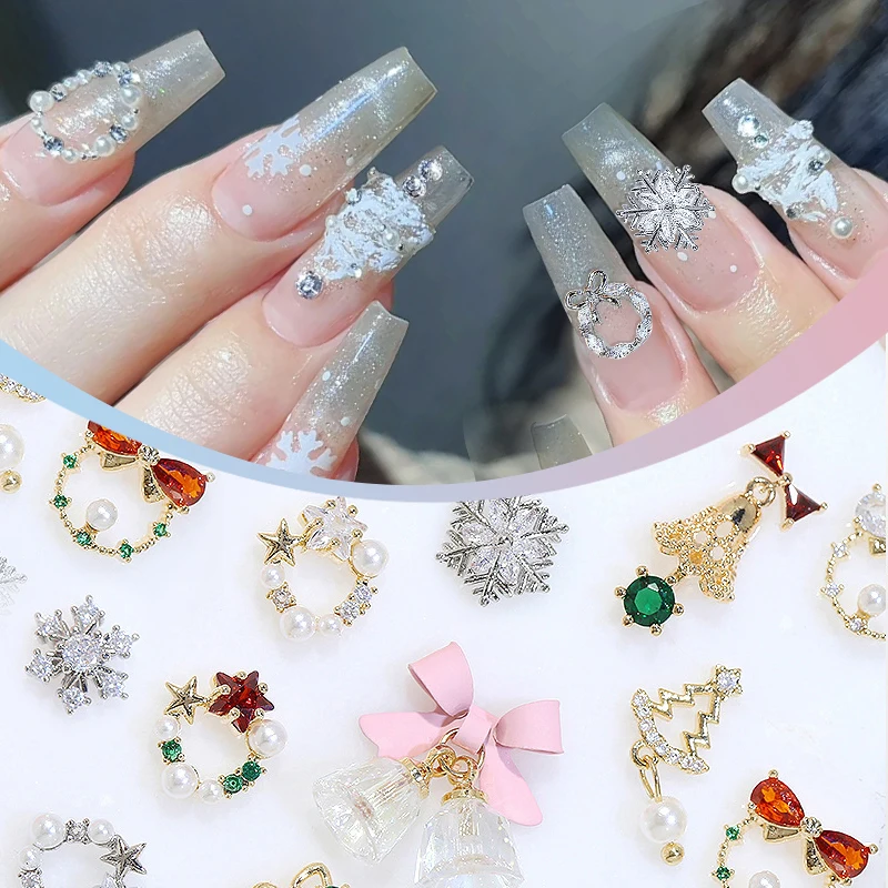 1 Bag Christmas Snowflake Series Nail Charms Silver Gold Jewelry Wreath Heart Shaped Metal Nail Art Decoration For Women Girls