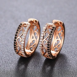 Huitan Rose Gold Color Hollow-out Hoop Earrings Women Black and White Zirconia Accessories Delicate Graceful Lady Daily Jewelry