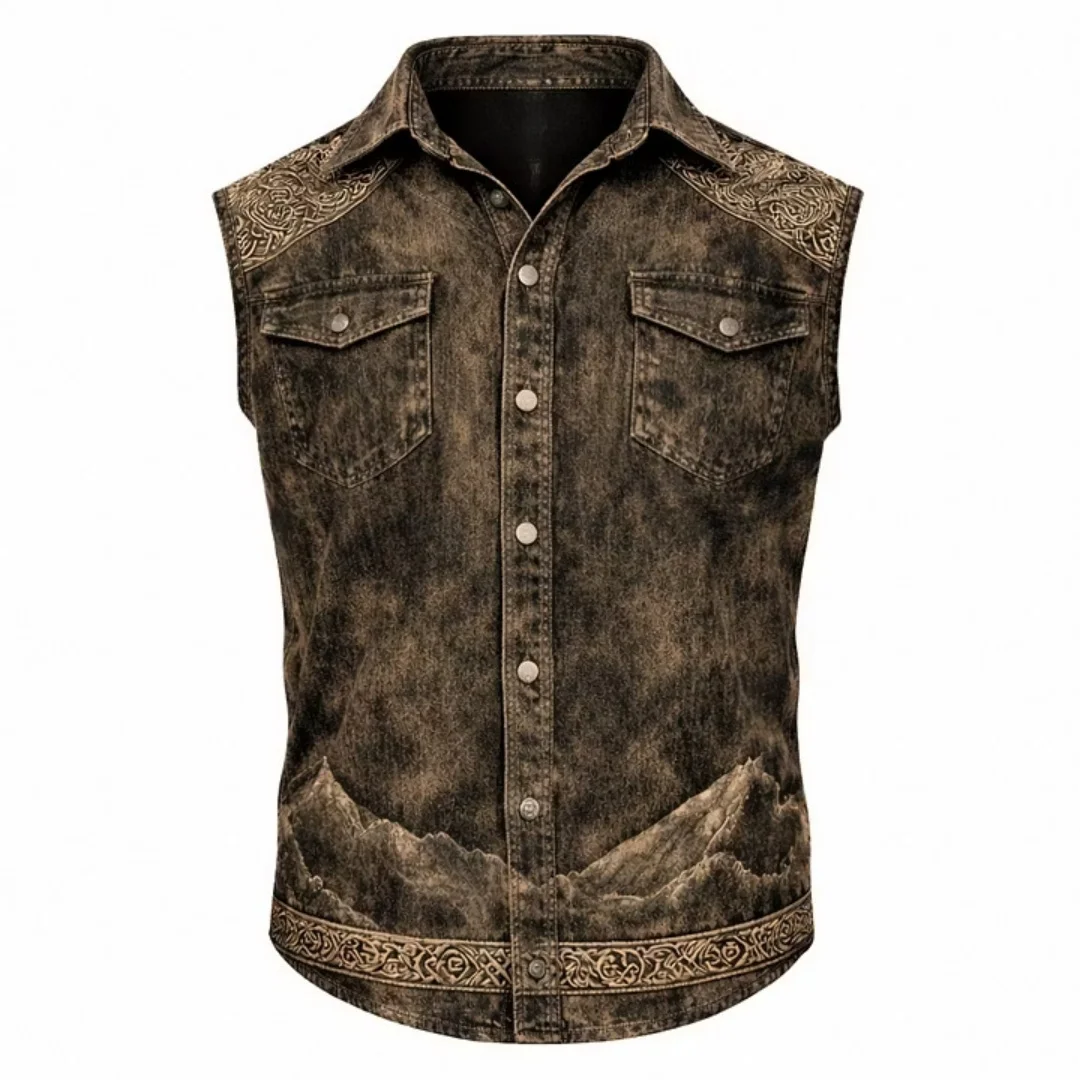 Men's Western-Style Faux Denim Vest — Vintage Distressed Sleeveless Work Shirt; Casual Button-Up Biker-Style Utility Vest