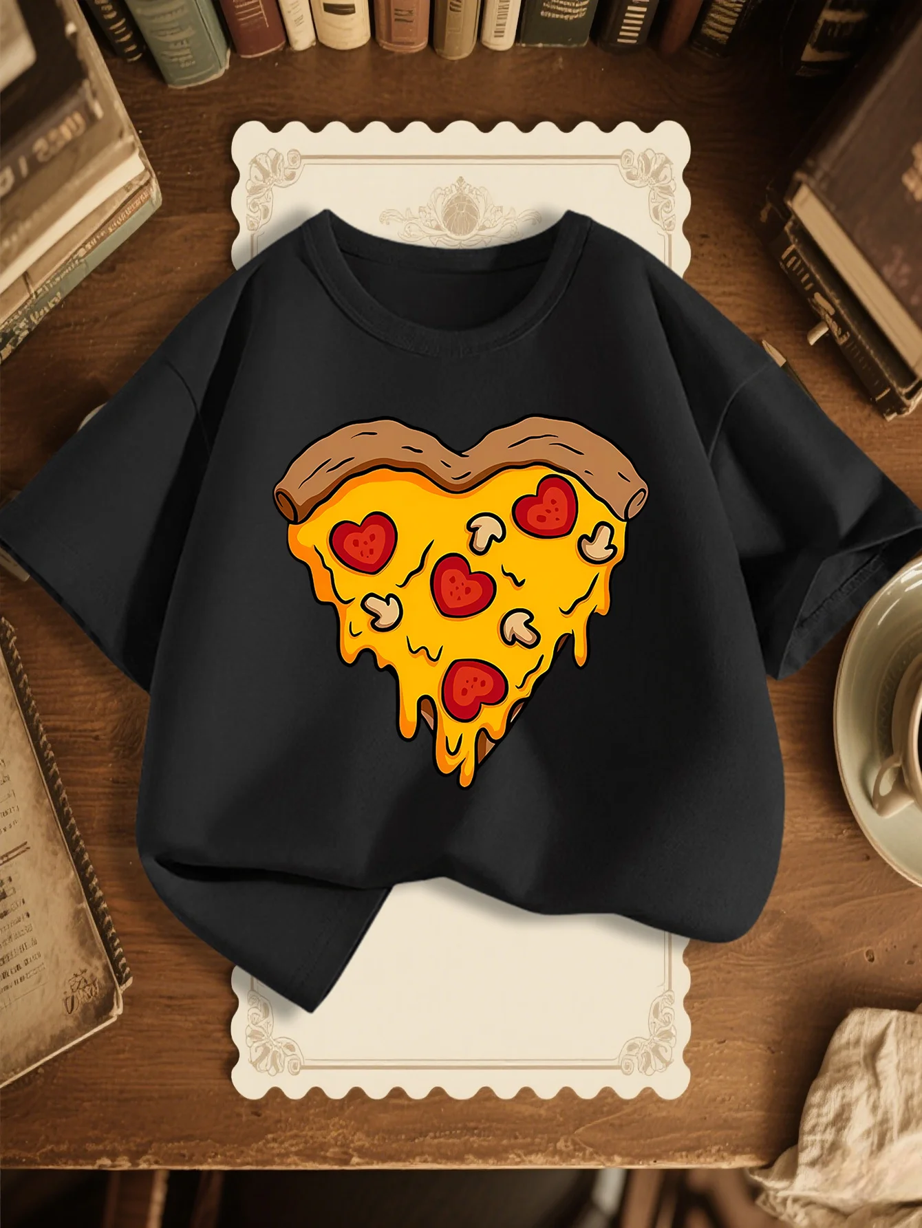 Cute Cartoon Heart Shaped Pizza Print Graphic Kids Tee Boys Girls Family Matching Cotton Crew Neck Short Sleeve Soft Summer Tee