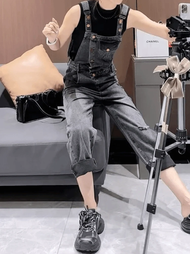 Denim Jumpsuit Women Korean College Style High Waisted Loose Casual Trousers All-match Overalls Straight Wide Leg Pants