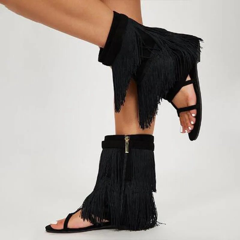 Drop Shipping Black Rainbow Tassel Fringed T Strap Round Toe Zipper Side Flat Mid-calf Sandals Boots Women Beach Shoes Lady