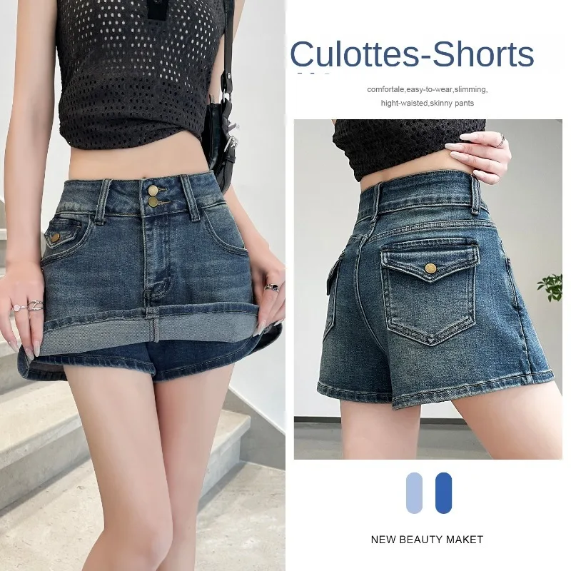 Women's Summer Fake Two-Piece Denim Skort American Hot Girl Style High Waist A-Line Bodycon Vintage Y2K Streetwear Casual Shorts