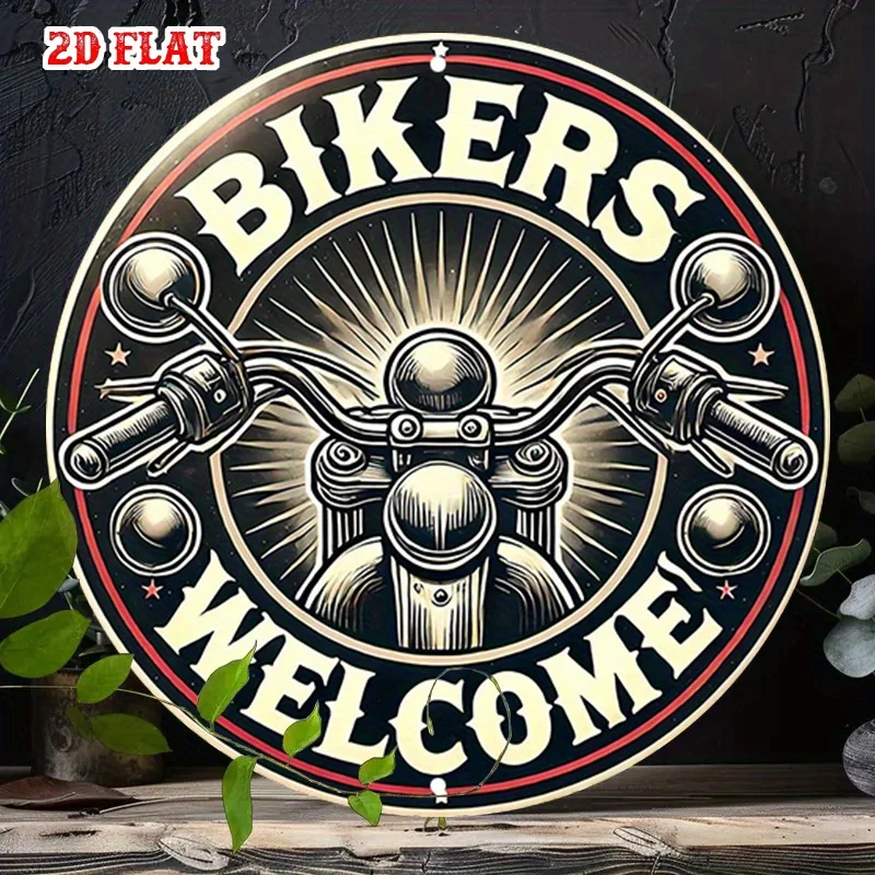 

Винтажная 2D плоская круглая жестяная табличка - "Bikers Welcome" Ретро-декор для руля мотоцикла, настенный декор для гаража, мужской комнаты, подарок для любителей мотоциклов
